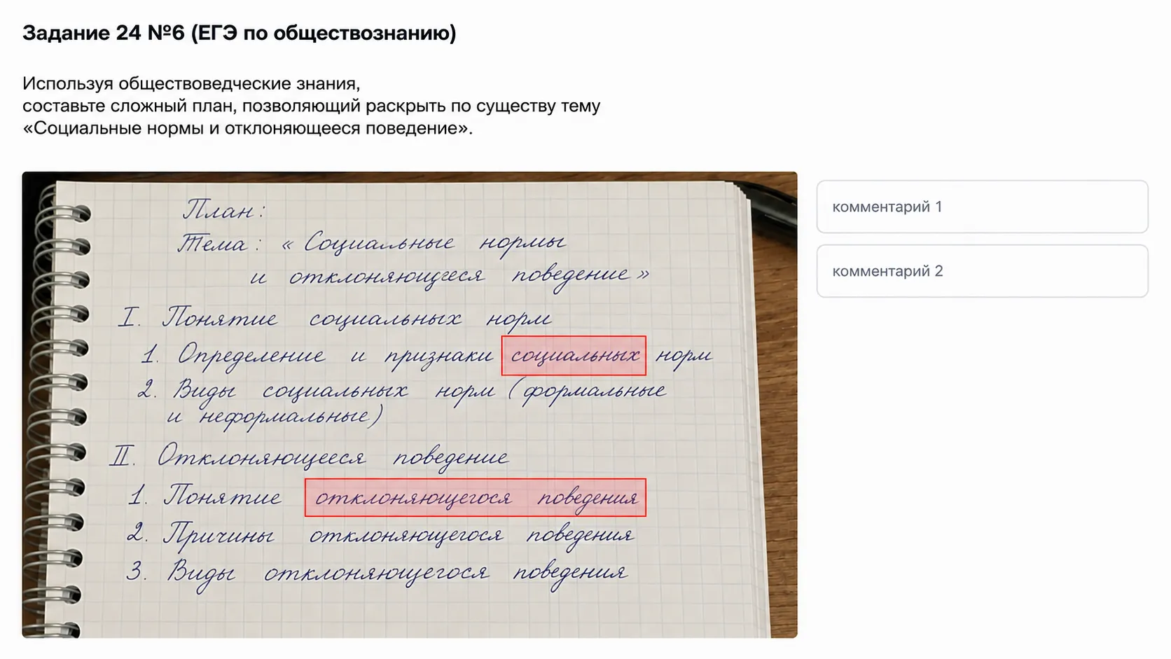Интерфейс TeachHelp с комментариями к фотографии домашней работы