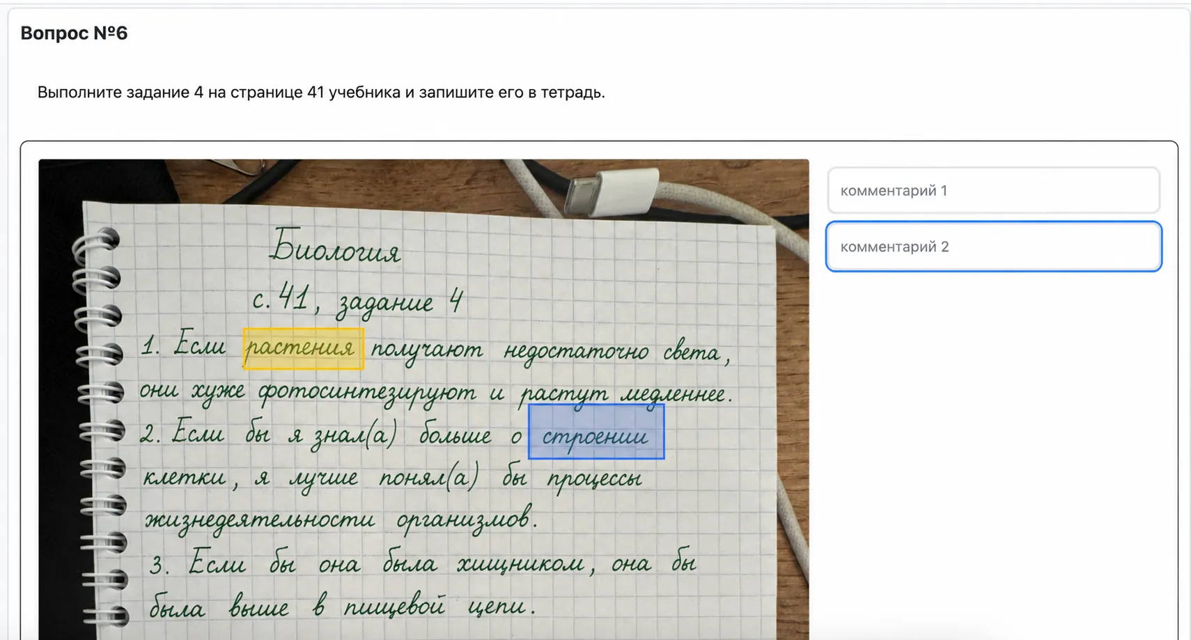 Интерфейс TeachHelp с проверкой домашней работы по биологии по фото