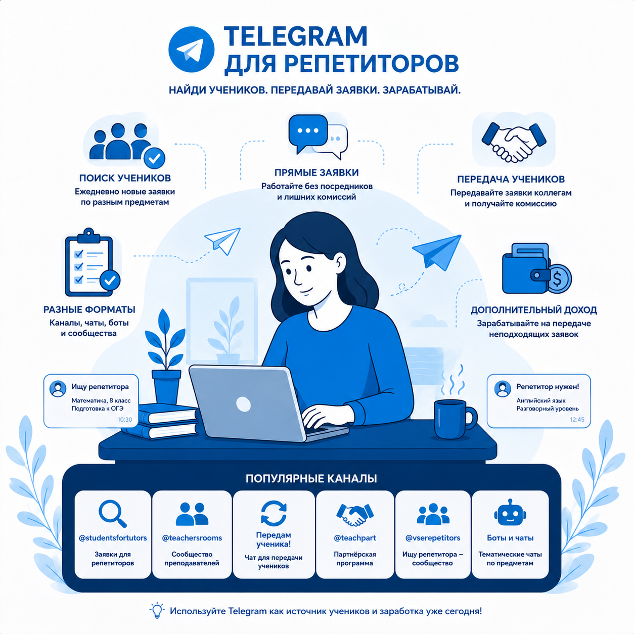 Где репетитору найти учеников в Telegram: 6 лучших каналов с заявками и возможностью заработать на передаче учеников