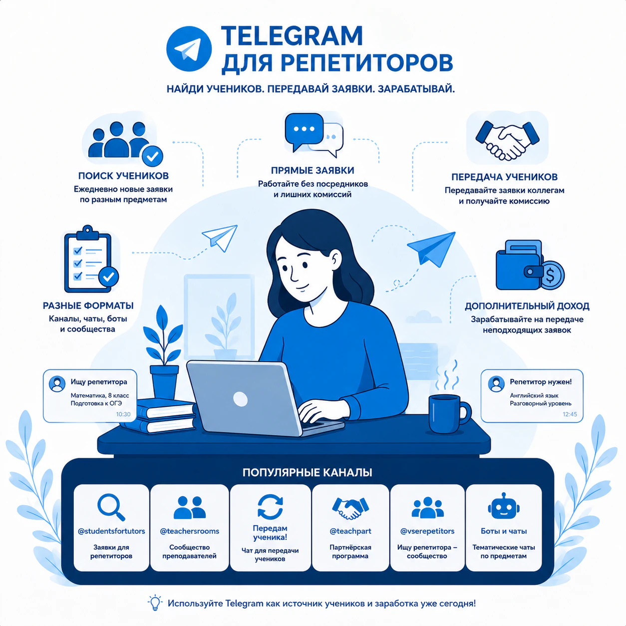Где репетитору найти учеников в Telegram: 6 лучших каналов с заявками и возможностью заработать на передаче учеников